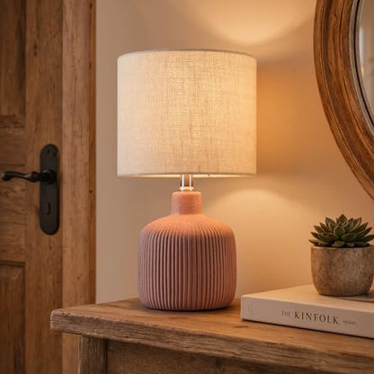 Ceramic Table Lamp, 17.75" Rustic Farmhouse Bedside Lamp with Beige Linen Shade, Warm Ambient Nightstand Lighting for Bedroom or Living Room, Painted Terra - color: Terracotta