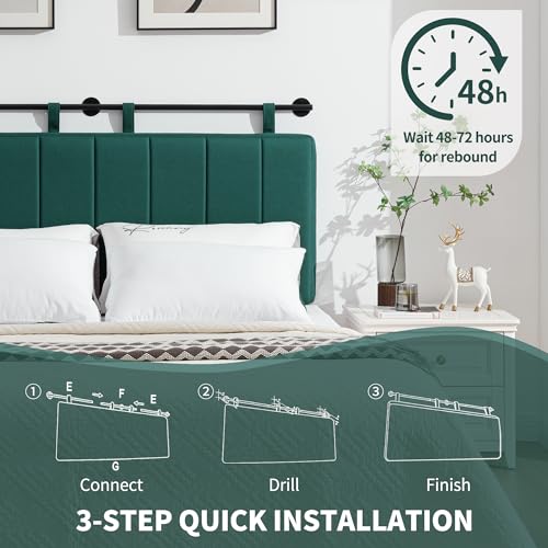 Queen Headboard Only, Wall Mounted Hanging Upholstered Bed Head Board | Modern Vertical Channel Design of Fine Linen, Elegant Dark Green Fluted Headboard for Bedroom (Dark Green, Queen Size ) - color: Linen/Green, size: Queen