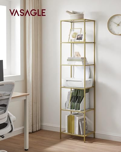 VASAGLE Bookcase, 6-Tier Bookshelf, Slim Shelving Unit for Bedroom, Bathroom, Home Office, Tempered Glass, Steel Frame, Metallic Gold ULGT500A01 - color: Metallic Gold, size: 6 Tiers (15.7"W x 69.8"H)