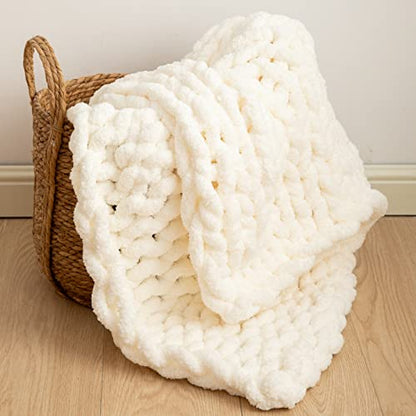 WESHIONGOO Chunky Knit Blanket Throw 40"×40" Cream White | Knitted Throw blankets for Couch Bed Fluffy Soft Blanket With Jumbo Chenille Yarn Thick 100% Handmade - color: Cream White, size: 40"x40"(Small Size Throw)