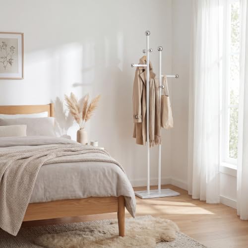 Bedroom Coat Rack Freestanding, Heavy White Marble Base | 1.0mm thickened white metal tree with 8 stainless steel hooks. Anti-toppling organizer for modern bedroom & living room. - color: all white
