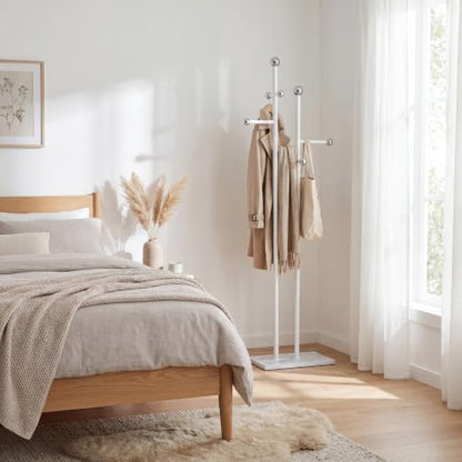 Bedroom Coat Rack Freestanding, Heavy White Marble Base | 1.0mm thickened white metal tree with 8 stainless steel hooks. Anti-toppling organizer for modern bedroom & living room. - color: all white