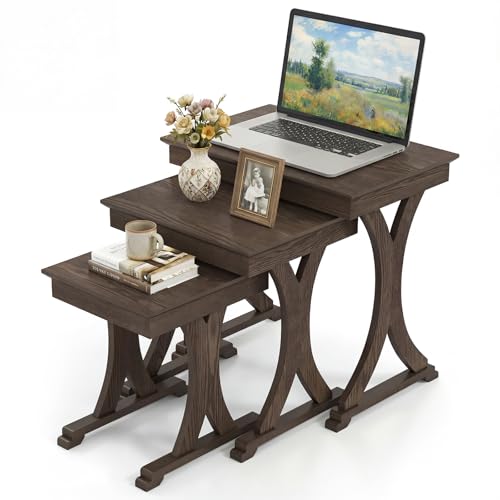 Giantex Nesting Coffee Table Set-of-3 - Stackable Rectangular Sofa End Side Table w/Solid Rubber Wood Legs, Vintage Farmhouse Night Stand for Bedroom Living Room Home Office Small Spaces