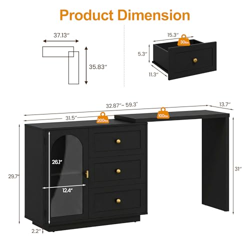 RoyalCraft 59" Makeup Vanity Desk, Black Vanity Dresser for Girls and Women | Modern Dressing Table with 3 Drawers & 1 Door, Vanity for Bedroom, L Sharped Corner Table No Mirror - color: Black
