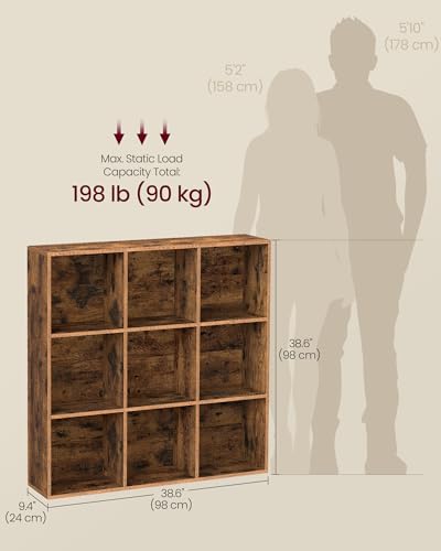 VASAGLE Bookcase Cube Shelf with 9 Compartments, 9.4 x 38.6 x 38.6 Inches | Bookshelf storage shelf, Rustic Brown, CUSTOS Collection, ULBC477K01 - color: Rustic Brown, size: 9 Cubes (9.4"D x 38.6"H), style: 1 Pack