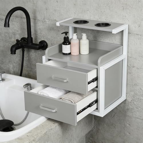 Suspended Salon Wall Cabinet with 2 Drawers & Hair Dryer Holder, Storage Cabinet for Hair Salon, Wall Mounted Styling Station, 15.75'' Wide Storage for Hair Salons, Spas, Home Use (Silver) - color: Silver