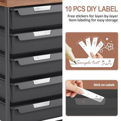 10 Drawers Rolling Cart with Wooden Tabletop, Utility Storage Cart with Wheels, Art Supply Craft Organizer on Wheel with Metal Frame & Handles for Home Office School,Black | Easy Setup, Large Capacity, Sturdy Build, Lockable Mobility, For office, classroo