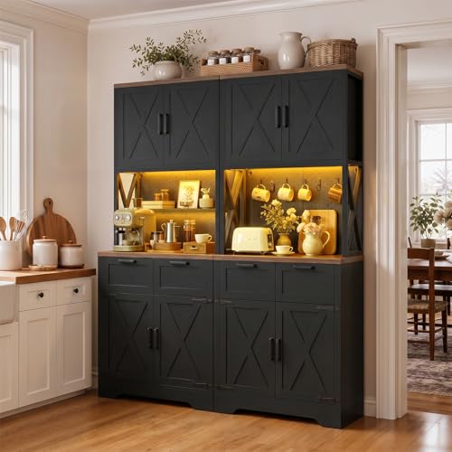 Unikito 71" Tall Kitchen Pantry Storage Cabinet with LED Light, Black | 63" Wide, Microwave Countertop, Power Charging Station, Large Hutch Cabinet with Drawers, Home Unit for Dining Room - color: Black, size: 63 Inch