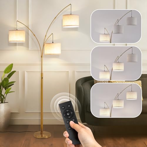 Netin Gold Floor Lamp, Arc Floor Lamps for Living Room Bright Lighting, 3 Light Dimmable Floor Lamp with Remote Control, 3 Color Temperature, Tree Floor Lamp for Bedroom Office - color: Gold-Beige Linen Shade