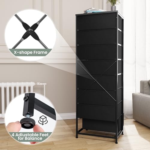 Fabric Dresser for Bedroom, 8 Drawer Tall Vertical Skinny Tower (Black) | Wooden Top, Steel Frame, Easy Pull Bin,Organizer Unit for Living Room, Hallway, Entryway, Nursery, Closets - color: Black, style: Narrow-8 Drawers