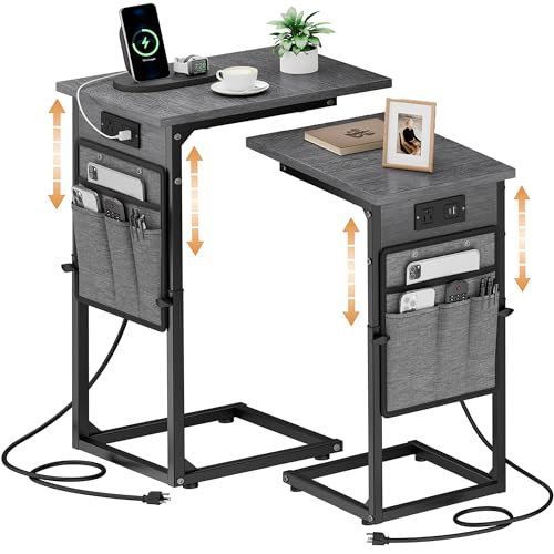 C-Shaped End Tables Set of 2 with Charging Station, 33'' Tall C Table Adjustable Height Side Table for Couch, Small Couch Table that Slide Under Sofa, TV Trays for Living Room, Gray Walnut - color: 2pc Gray Walnut, style: With Plug