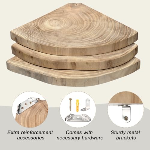 3 Pcs Small Corner Floating Shelves for Wall Solid Wood 7 Inch Rounded Corner Shelves Wall Mounted Natural Solid Elm Wood Shelf Rustic Style Wooden Hanging Shelf for Bedroom Decor(Wooden)