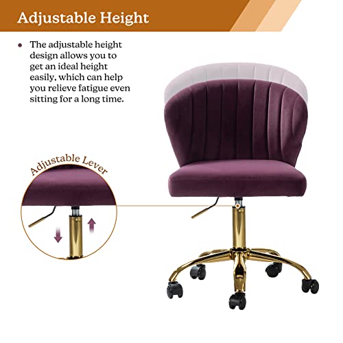 TINA'S HOME Office Desk Chairs with Wheels & Gold Base, Modern Velvet Cute Armless Office Chair, Adjustable Low Back Swivel Rolling Chair, Upholstered Task Chair for Living Room Vanity Study-Purple | Modern Velvet Cute Armless Office Chair, Adjustable Low