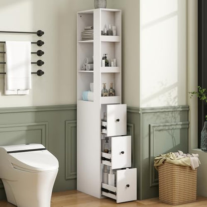 ARTETHYS Tall Narrow Bathroom Storage Cabinet with Side Rack & Drawers | 3-Level Adjustable Shelves, Slim Free Standing Space Saver Organizer for Living Room Kitchen, Classic White - color: White With Side Rack