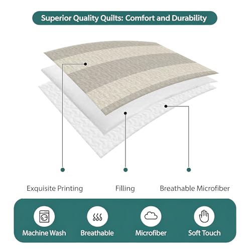 Minimalist Taupe Stripes Queen Quilt Bedding Set,Summer Quilt Lightweight Quilted Coverlet with 2 Pillow Shams, Farmhouse Linen Texture 3-Piece Bedspread Quilt Set for All Season - size: Queen-90x96in