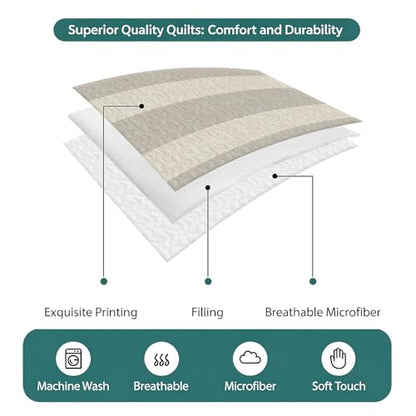 Minimalist Taupe Stripes Queen Quilt Bedding Set,Summer Quilt Lightweight Quilted Coverlet with 2 Pillow Shams, Farmhouse Linen Texture 3-Piece Bedspread Quilt Set for All Season - size: Queen-90x96in