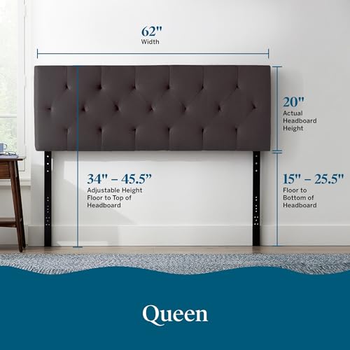 Lucid Mid-Rise Upholstered Headboard - Diamond Tufted - Padded Polyester - Adjustable Height from 34” to 46” - Easy Assembly - Bed Frame or Wall Mount - Sturdy - Charcoal - Queen Size - color: Charcoal, size: Queen