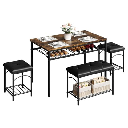Space-Saving Dining Table Set for 4, Modern Kitchen Dinette with Padded Upholstered Bench & 2 Stools, Anti-Wobble Metal Frame Dining Furniture with Multi-Layer Storage Shelf, Waterproof Wood Grain Tab - color: Brown