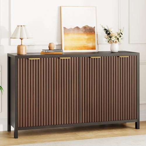 Fluted Buffet Cabinet with Storage, 55" Sideboard Cabinet with 4 Doors, Modern Credenza Accent Console Cabinet Coffee Bar Table for Living Room Dining Room Hallway, Dark Walnut - color: Dark Walnut
