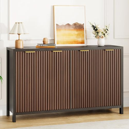 Fluted Buffet Cabinet with Storage, 55" Sideboard Cabinet with 4 Doors, Modern Credenza Accent Console Cabinet Coffee Bar Table for Living Room Dining Room Hallway, Dark Walnut - color: Dark Walnut