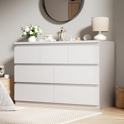 Jocoevol Modern White 7 Drawer Dresser for Bedroom, Simply Chest of Drawers, Wood Storage Dresser with Deep Drawers for Living Room Hallway Entryway, White - color: White