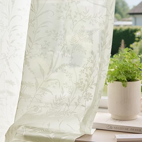 Anmao Cream Semi Sheer Light Filtering Short Curtains 45 Inches Long 2 Panels, Leaf Pattern Drapes for Living Room Bedroom, Rod Pocket Sheer Window Treatments with Floral Design, 52x45 Inch, Ivory - color: Cream Leaf, size: 52"W x 45"L (Pack of 2)
