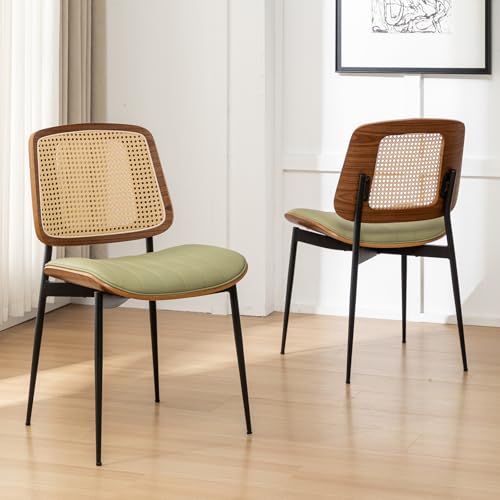 Rattan Dining Room Chairs Set of 4,Mid Century Modern Green PU Leather Kitchen Chair,Upholstered Seat Metal Legs Chairs with Adjustable Foot Pads,Walnut Armless Side Chairs - color: Green, size: Set of 2
