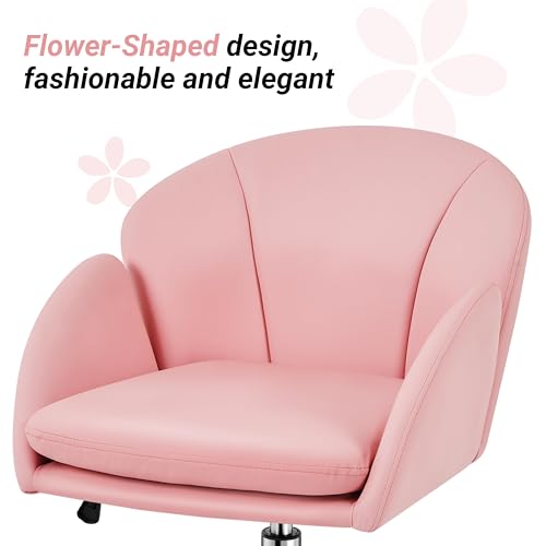Yaheetech Simple Pink Petal Faux Leather Vanity Desk Chair, Swivel Wheels | Easy-clean faux leather cushioned seat fits makeup vanity, nail salon or office desks; adjustable height, swivel, fast setup. - color: Simple Pink