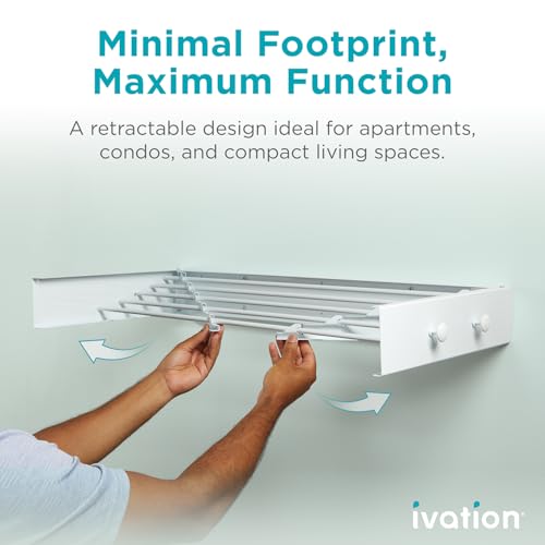 Ivation Retractable Wall Mounted Clothes Drying Rack, 32" Foldable Laundry Drying Rack for Clothing | Collapsible Space-Saving Design & 5 Rods | Easy Installation with Hardware & Wall Template (White) - size: 32 Inch