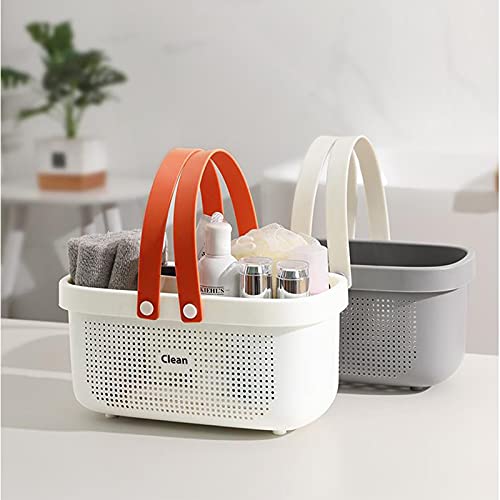 JiatuA Plastic Storage Basket with Handle Portable Shower Caddy Tote Organizer Basket Bin for Bathroom Kitchen Dorm Room Bedroom, White | Sturdy Drainage Large Capacity Organizer Basket with Silicone Handles for Bathroom Kitchen Bedroom College Dorm Essen