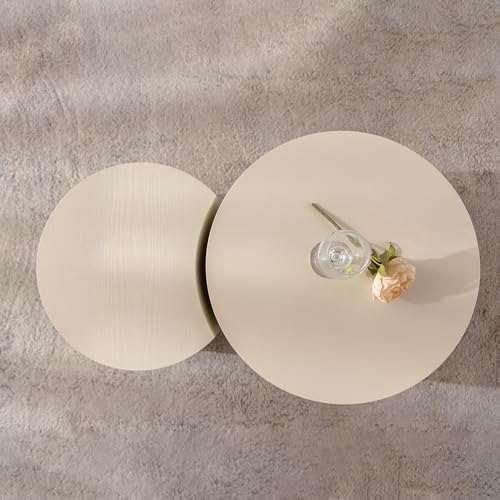 Nesting Coffee Table Set of 2, Round & Crescent Moon Wood Coffee Table and End Table Sets, Modern Luxury Accent Center Tea Table for Living Room Bedroom, （Beige + Cream, 18.9" & 14.96" - color: 18.9" & 14.96"-beige