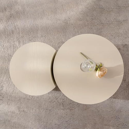 Nesting Coffee Table Set of 2, Round & Crescent Moon Wood Coffee Table and End Table Sets, Modern Luxury Accent Center Tea Table for Living Room Bedroom, （Beige + Cream, 27.56" & 19.69" - color: 27.56" & 19.69"-beige