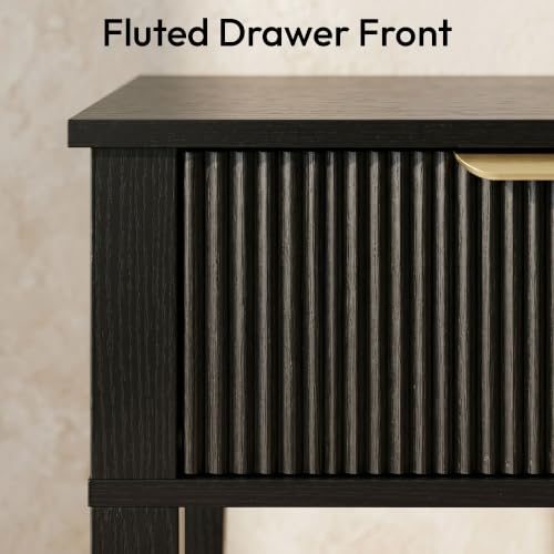 FuniXpress Black 15" Wide Small Nightstand with Drawer, Shelf, Fluted Front | Black wood-grain finish, fluted drawer with gold handle accent, 11.8-inch slim depth, compact storage for small spaces - color: Black