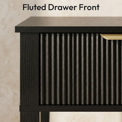 FuniXpress Black 15" Wide Small Nightstand with Drawer, Shelf, Fluted Front | Black wood-grain finish, fluted drawer with gold handle accent, 11.8-inch slim depth, compact storage for small spaces - color: Black