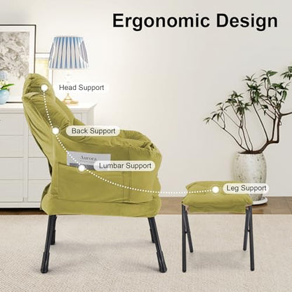 Lazy Chair with Ottoman Comfy Accent Lounge Chair with Side Pocket Cozy Chair Modern Reading Armchair with Footrest Upholstered Sofa Chair for Small Spaces Living Room Dorm Bedroom Olivegreen - color: Olivegreen