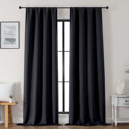 Gwine Black Blackout Curtains for Bedroom 96 inches Long 2 Panels, Solid Thermal Insulated Noise Reducing Room Darkening Rod Pocket Window Curtains Drapes for Living Room, Each 40Wx96L - color: Black, size: 40"W x 96"L (Pack of 2)