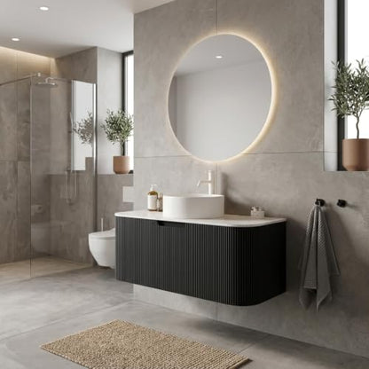 30" Floating Bathroom Vanity with Sink, Wall Mounted Plywood Cabinet, Black Fluted Front, Sintered Stone Countertop, White Round Ceramic Vessel Sink, Soft-Close Drawer, Pre-Assembled - color: Black Cabinet / White Sink, size: 30 Inch