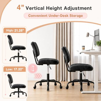 Homkdom Velvet Vanity Chair with Bow Backrest & Height Adjustable,Bedroom | Armless,360 Swivel,Silent Casters for Dressing Room & Living Room, Home Office,Make up,Reading,Black - color: Black