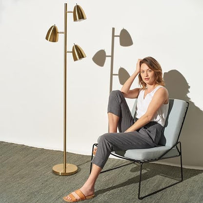 Brightech Jacob LED Standing Lamp, Modern Bright Floor Lamps for Living Rooms & Bedrooms, Tall LED Lighting Lamp with Adjustable 3 Light Tree – Antique Brass/Gold - color: Brass
