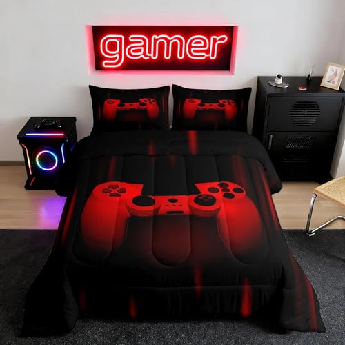 Feelyou Boys Gamer Comforter Set Queen Size Gaming Bedding Set Kids Video Games Comforter for Teen Child Gamer Room Decor Super Soft Red Black Bed Microfiber Game Geometric Duvet Quilted Boy Gift - color: Multi 80135, size: Queen