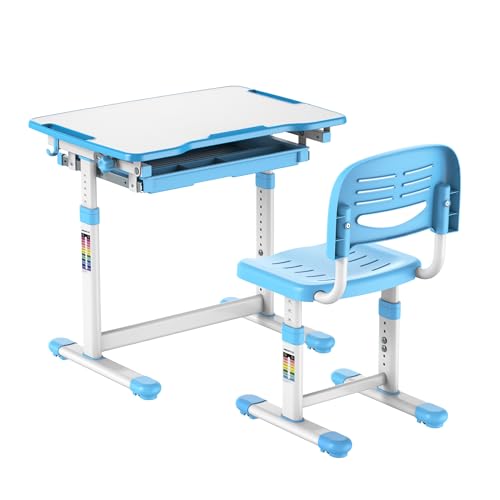 Mount-It! Kids Desk and Chair Set, Height Adjustable Sturdy, Kid Study Workstation and Chair Set for Boys, Home School, Arts, Drawing, Crafts, Ergonomic Childrens Storage Drawer Blue - color: Blue