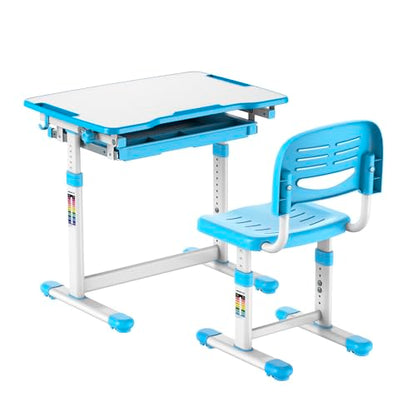 Mount-It! Kids Desk and Chair Set, Height Adjustable Sturdy, Kid Study Workstation and Chair Set for Boys, Home School, Arts, Drawing, Crafts, Ergonomic Childrens Storage Drawer Blue - color: Blue