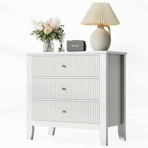 Upgraded Wide & Tall Fluted Nightstand for Bedroom, 32" Extra Wide Modern Bedside Table with Charging Station, Curved Profile Design Drawers, End Table with Metal Handles for Living Room, Entryway - size: 3 drawers-1pc