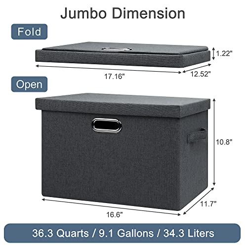 Graciadeco Large 17" 36 Quart Collapsible Stackable Storage Bins with Lids, 3 Packs Dark Gray Foldable Fabric Closet Storage Boxes with Lids, Heavy-duty Linen Cube Baskets(17x12x11) | 36 Quart 3 Pack Dark Gray Collapsible Stackable Linen Fabric 4 Handles