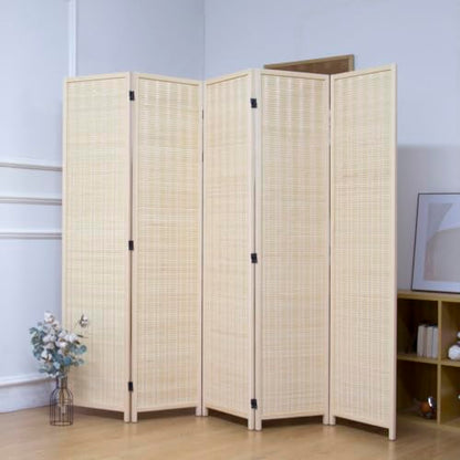 5 Panel Bamboo Room Divider, 5.6 ft Tall Folding Privacy Screen, Freestanding Room Partition Wall in Natural Beige for Home & Office and Room Separation (67" H x 76.8" W) - color: Beige, size: 5 Panel