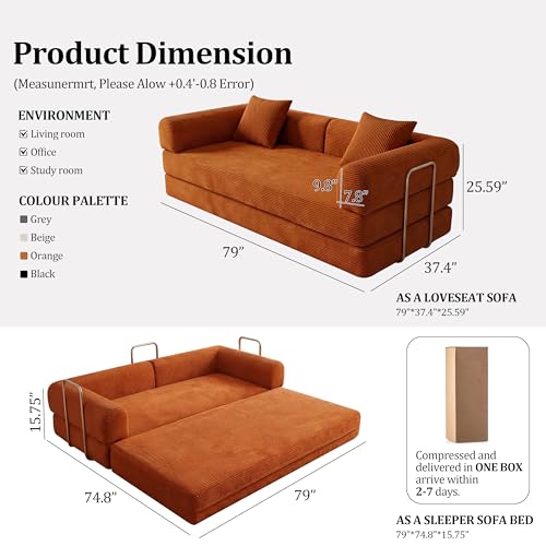 79" Boneless Couch,4-in-1 Futon Sofa Bed Modular Loveseat Sleeper Folding Compressed Couch with Pillows,No Assembly Required Convertible Sofa Bed for Living Room Bedroom Guest Room,Orange - color: Orange, size: 79” Sofa