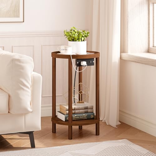 HOOBRO Small Round Side Table with Charging Station, 2-Tier Round Bamboo End Table, Compact Sofa Bedside Table for Small Space, Easy Assembly, for Living Room, Bedroom, Apartment, Mocha MA156UBZ01 - color: Mocha