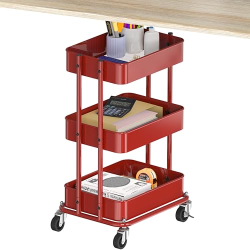 Simple Houseware 3-Tier Utility Cart, Low 24" Height Fits Under Desk, Red | Compact & Lower Height Great for Under-Desk Space-Saving Storage for Home Office, Dining Room, or Kitchen - color: Red