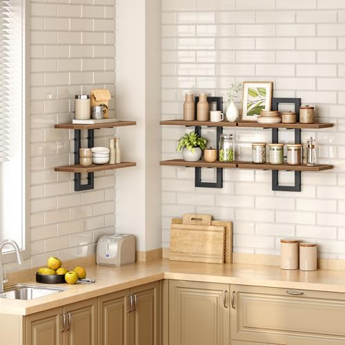 HOOBRO Floating Shelves, 15 Inch Wall Shelf Set of 3, Wall Mounted Storage Shelves 2-Tier, Hanging Bathroom Shelves, for Living Room, Bedroom, Bathroom, Kitchen, Walnut and Black BH32BJP301 - color: Walnut + Black