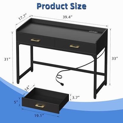 Small Desk with 2 Drawers & Charging Station, 39.4", Black | 2 AC & 2 USB Ports, Ball Bearing Drawer Slides, Compact Design for Bedrooms & Small Spaces